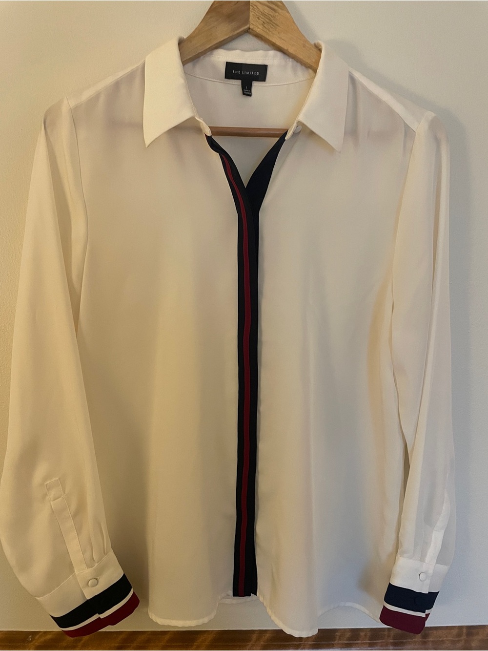 The Limited Cream Blouse with Navy and Burgundy Stripe Trim
